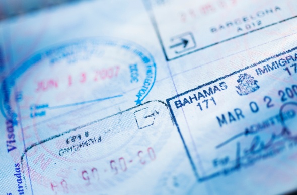 Close-up shot of visa stamps