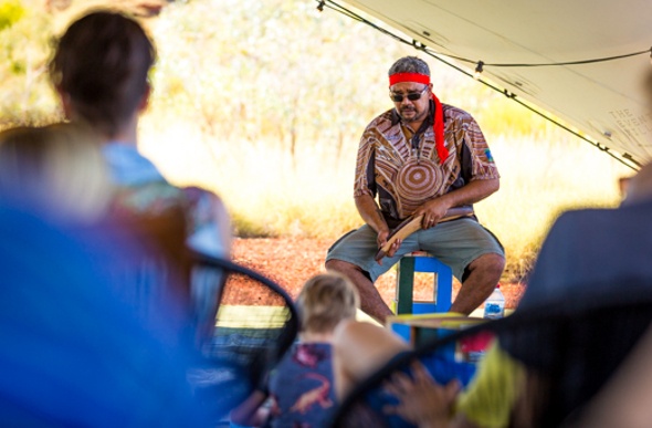 A traditional owner share his knowledge at The Karijini Experience. Picture: Dan Avila