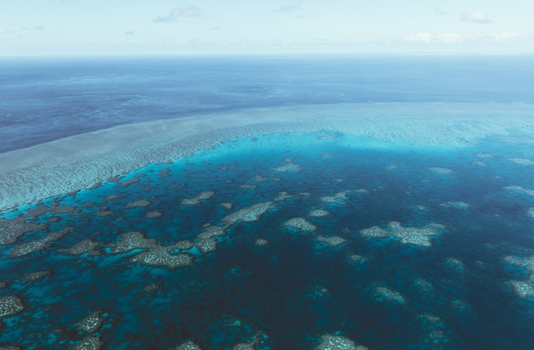 An aerial view of the Great Barrier Reef in the Whitsundays.