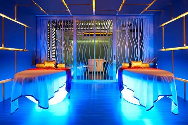  The inside of the day spa with blue lighting 