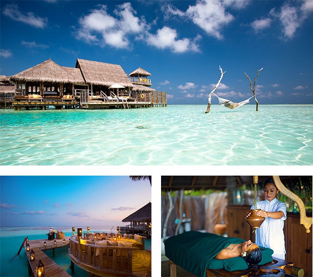 floating bungalow huts, spa experience, and floating circular couch in Gili Lakanfushi