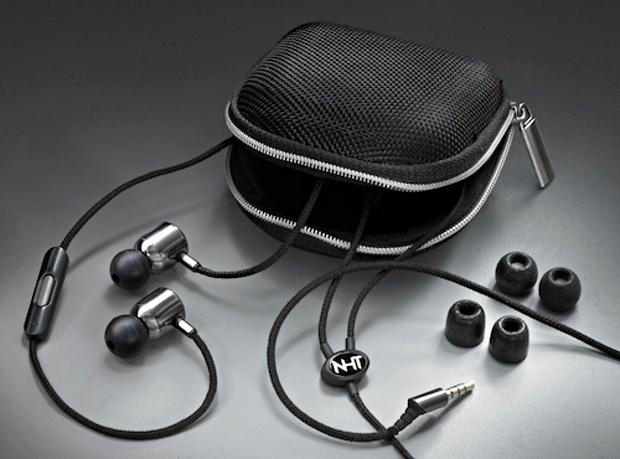 Black NHT earphones with a bag and extra silicone ear tips