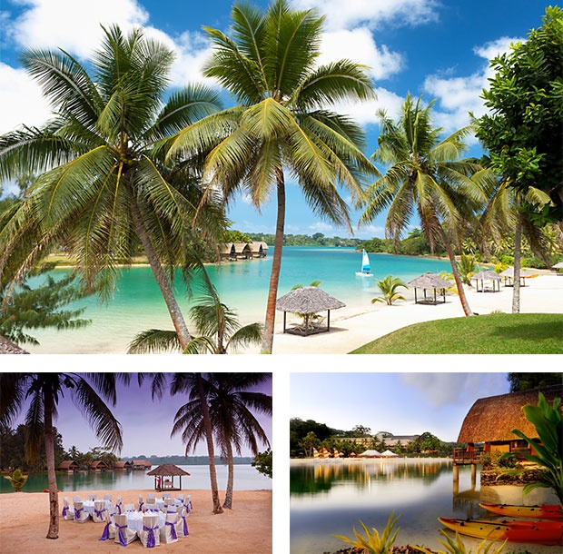 Pictures in Holiday Inn in Vanuatu showing different activities such as boating, cozy beach swimming, and a perfect  venue for intimate weddings