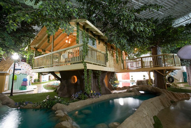 A treehouse office surrounded by a real water mote.