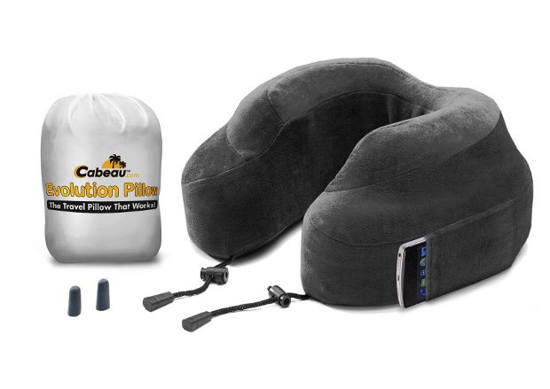 Grey travel neck pillow with a pocket on the side holding a mobile phone