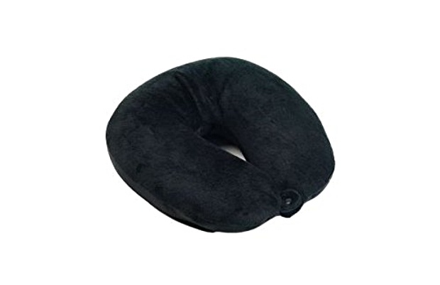 Black, circular travel neck pillow