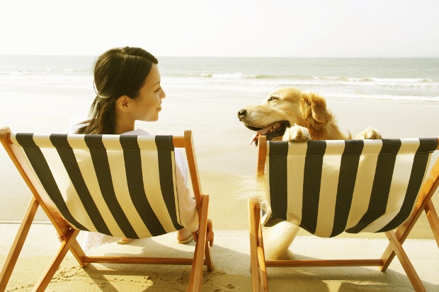 Lady sitting on a chair at the beach beside a Golden Retriever