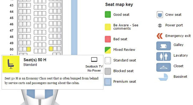 Illustration of airline seating plan displaying good and bad seats