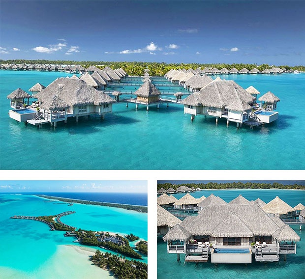 Floating gray and white bungalow huts in st regis bora bora