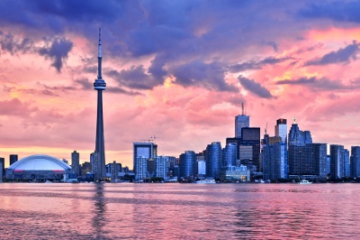Toronto city view at pink sunset 