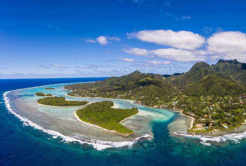 Aerial view of the Muri beach and lagoon, in Rarotonga in the Cook Islands