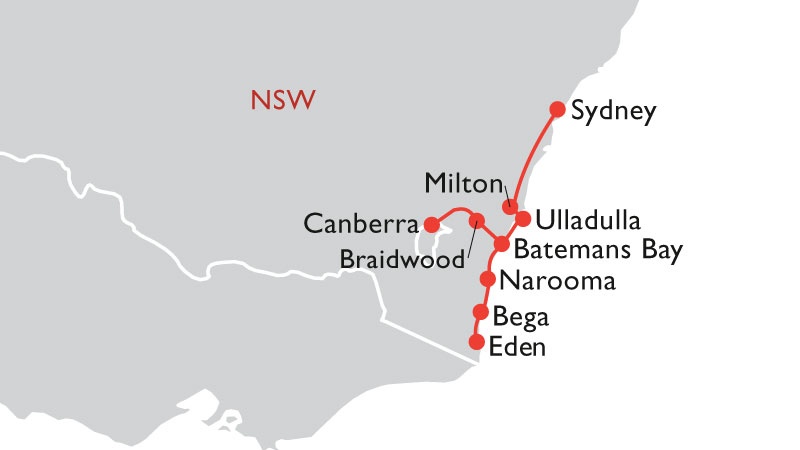 road trip map sydney to south coast