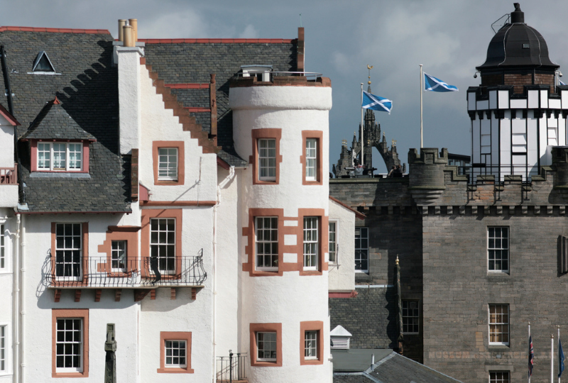 Ramsay Garden Apartment with detailed exterior and paint located in the Castlehill area,  beside is the Camera Obscura in Edinburgh