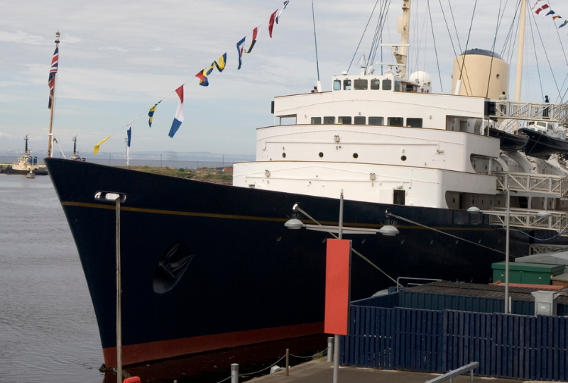Front side of Royal Yacht Britannia docked in the port of Leith, Edinburgh