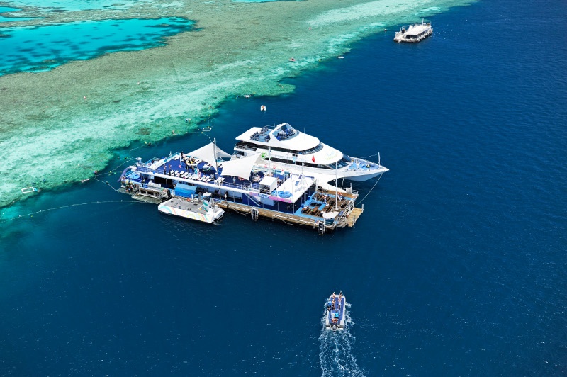 A cruise boat docking at Reefworld, on the outer reef in Queensland's Whitsundays.