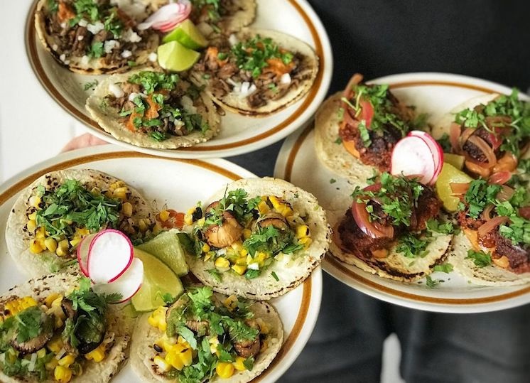 Three plates of soft tacos