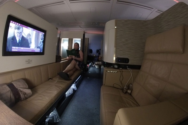 360-degree view of woman in First Class on EY A380