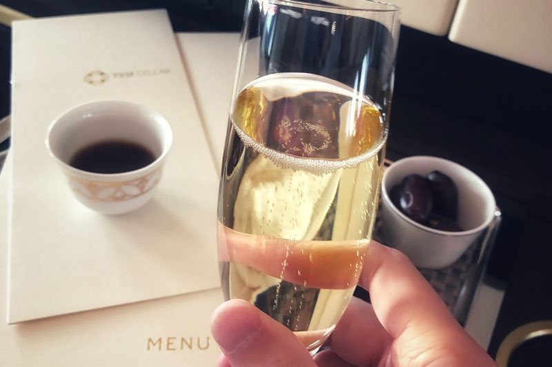 Champagne and snacks in first class cabin