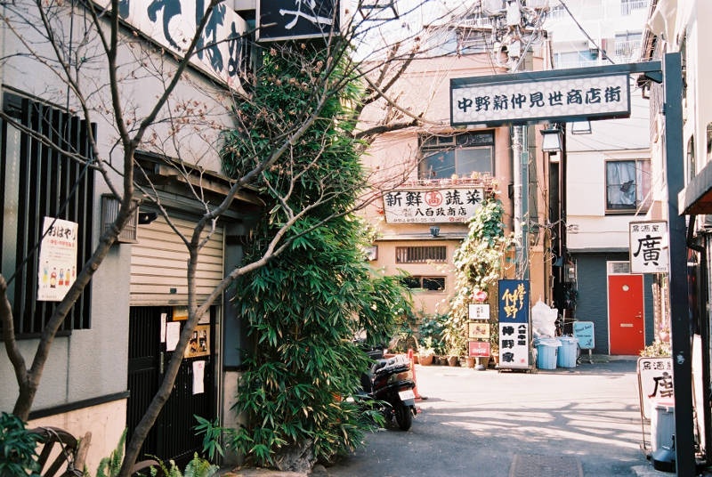Passageway in Japan with street signs and plants