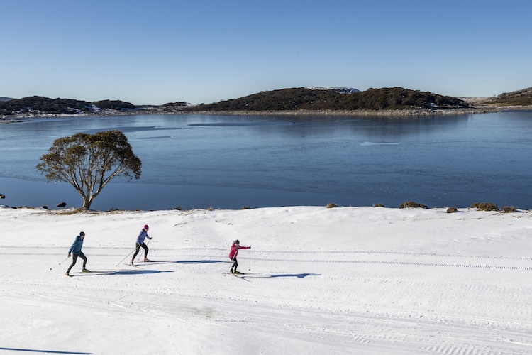 Family skiing on the snow beside the lake
