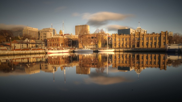 Salamanca Place in Hobart mirrored in the urban river