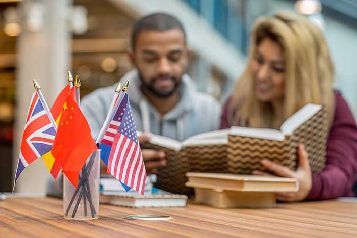 Couple reading next to country flags