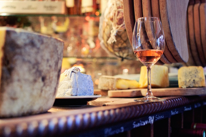 wine and cheese in french cafe