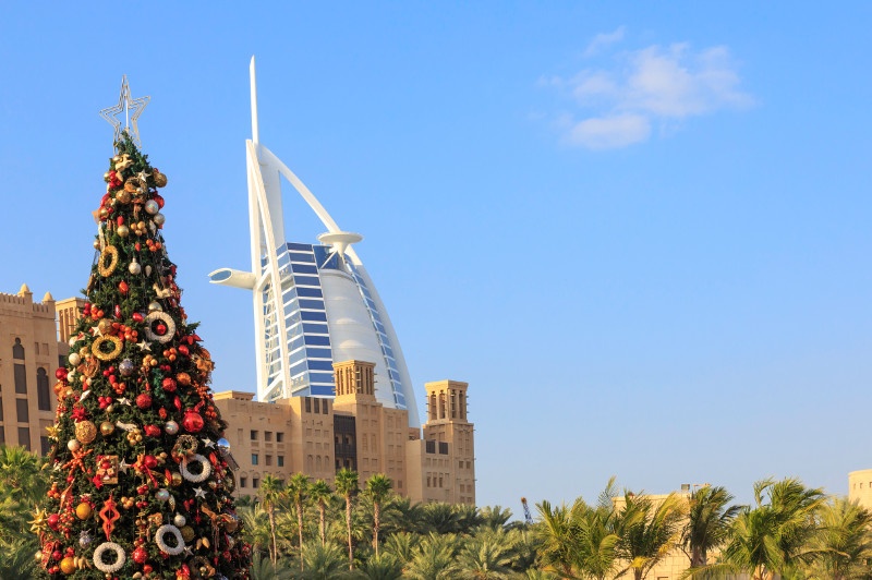 Christmas tree in Dubai with the Burj al Arab behind.