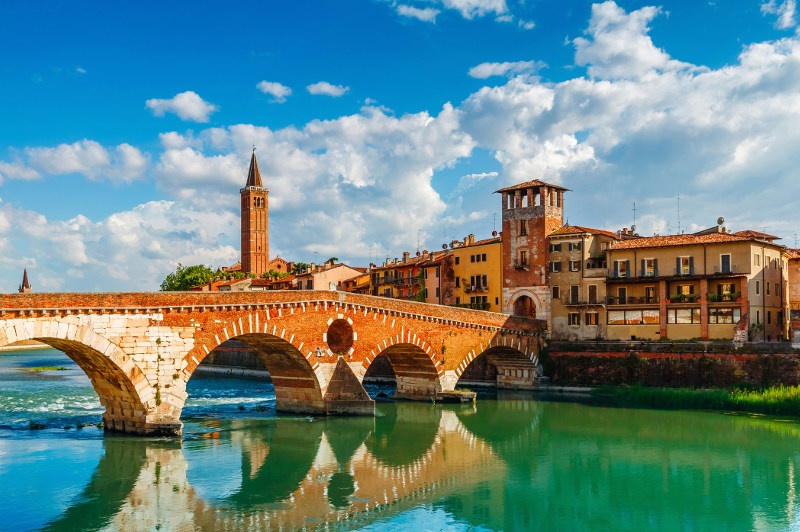 The Ponte Pietra over the Adige River in Verona, Italy