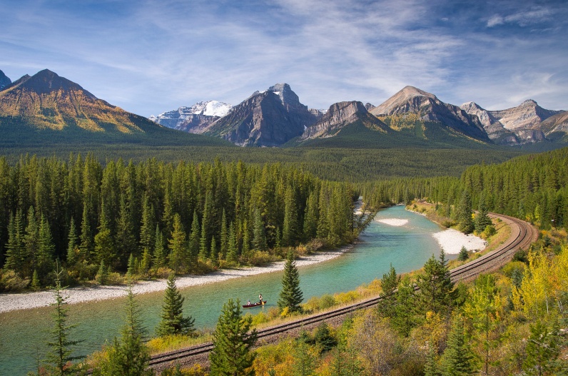 River with mountains in the background. Train track. 