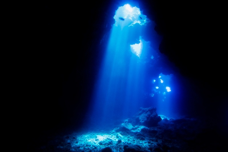 The underwater cavern at Lanai Cathedral dive site in Hawaii