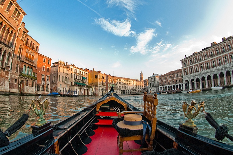 fish-eye view of grand canal from venetian gondola 