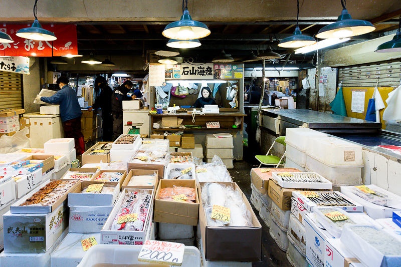 Various fish for sale displayed inside a Japanese wet market