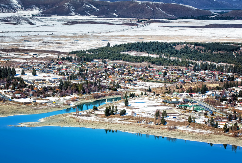 Aerial view of the picturesque town of Lake Tekapo