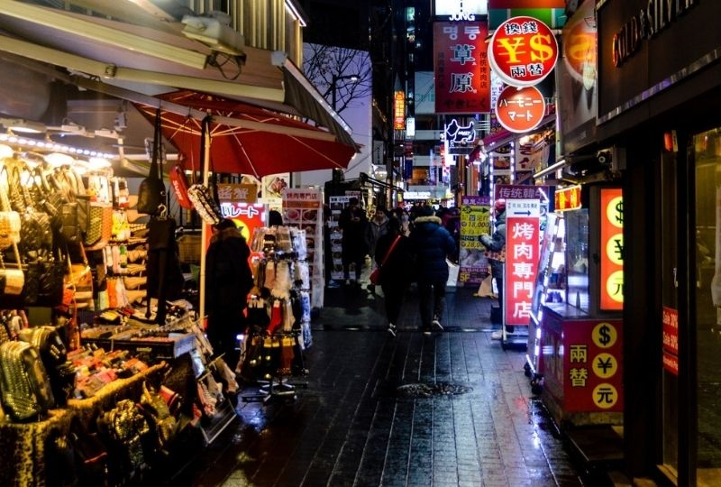 Market stall and neon lights in Namdaemun Market 