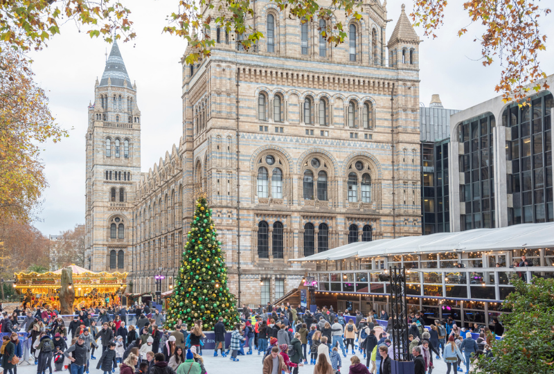 Visitors at the Museum of Natural History celebrating Christmas with a merry-go-round, ice-skating and a Christmas tree