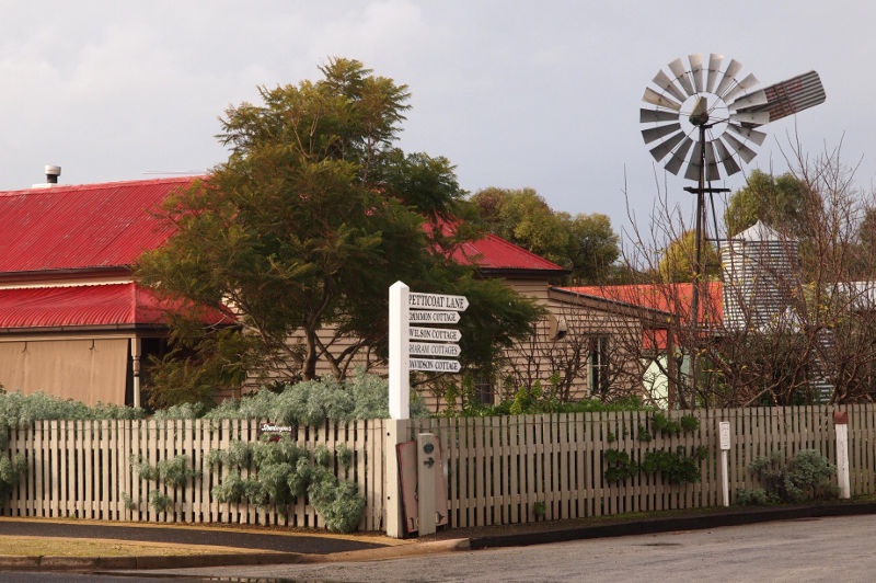 across the penola street there is a bungalo house with red roof, tree, and a little windmill-like structure