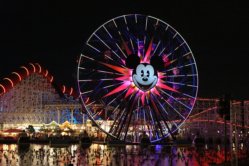 Pixar Pier lights up at night in Disneyland California Adventure Park