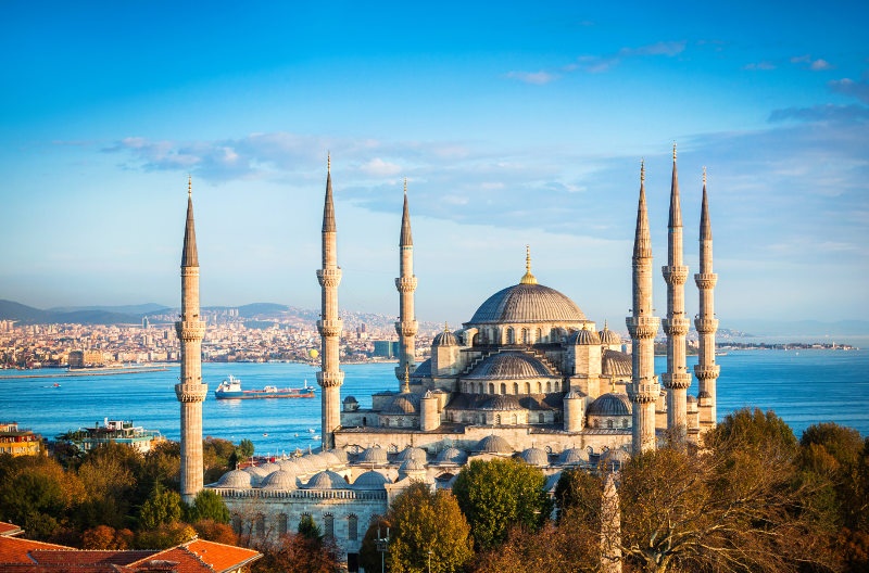 View of the Sultan Ahmet Mosque in Istanbul, Turkey. 