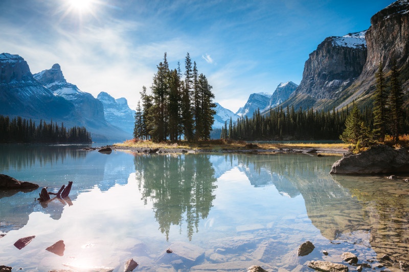 view of Spirit Island in Maligne Lake, Canada