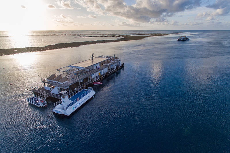 An aerial shot of the Reefworld Pontoon in the Great Barrier Reef.