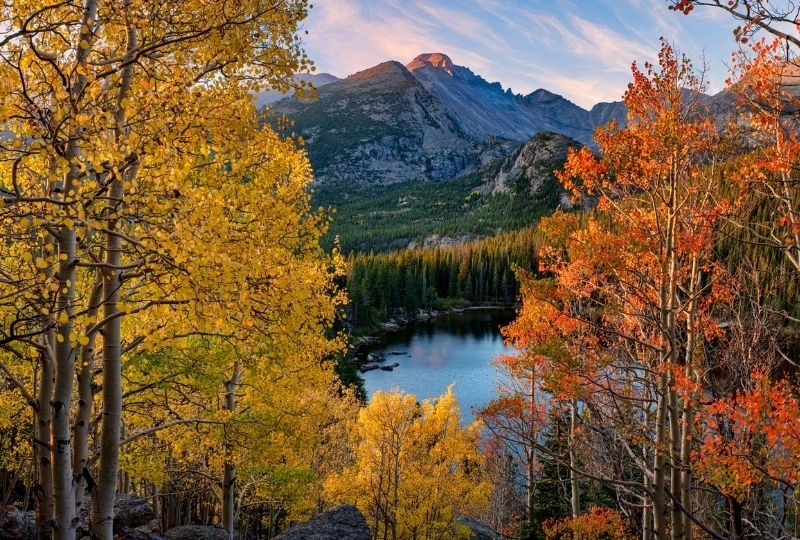 Image of trees with red and yellow leaves in fall overlooking a lake