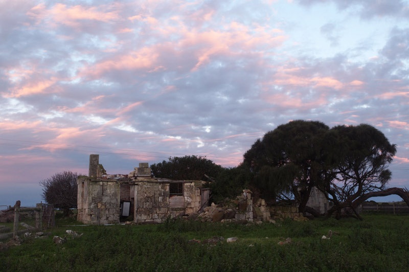 a dilapidated stone house surrounded by green grass and huge trees