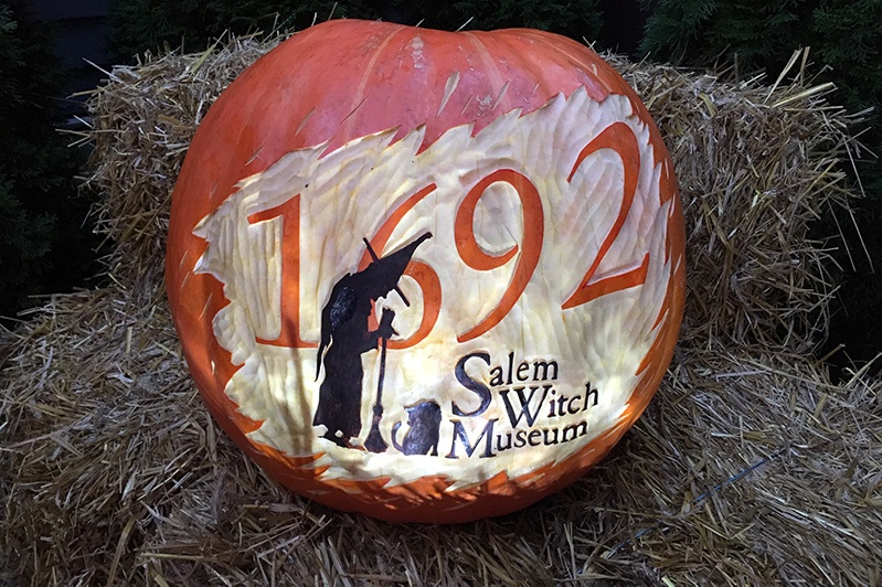 An intricately carved jack'o'lantern at Salem Witch Museum