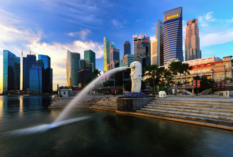 a view the merlion fountain in Singapore with tall buildings on the background
