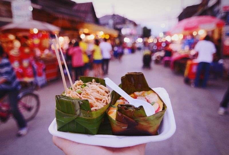 yummy food place on a banana leaf in the streets of Thailand Market
