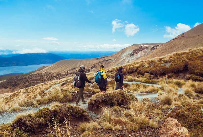 Three people hiking through the alpine crossing 