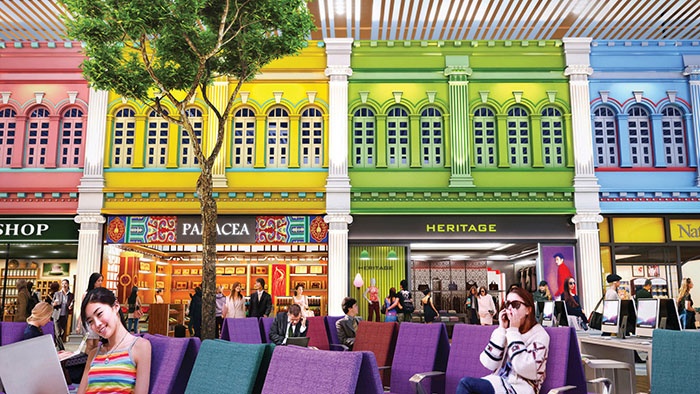 Classic Peranakan style shopfronts line the departure lounge. (Image: Changi Airport)