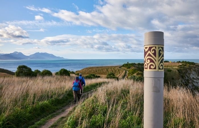 Two hikers on a paved path heading up a hill