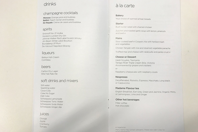 VA Premium Economy menu